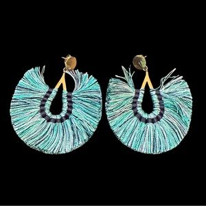 Chic Aqua Navy Blue Thread Fringe Earrings Tear drop Center